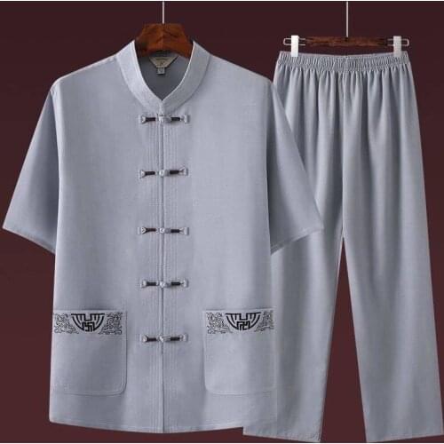 Traditional Chinese Clothing Set for Men Adult Tai Chi Kung Fu Uniforms Linen Short Sleeve Embroidery Casual Chinese Costumes