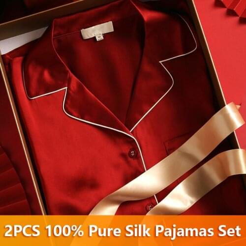 Female Real Silk Pajama Sleepwear 100% Pure Womens Pajamas Suits Long Top and Pant Silk Pajama Sets Plus Size Pijama Home Suit