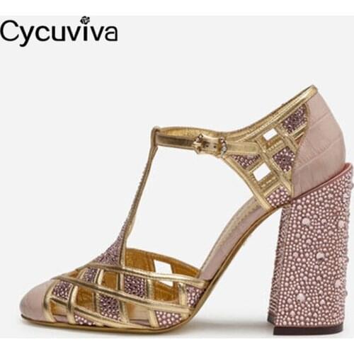 New Pink Hollow Out Party Shoes Women Chunky Crystal Heels Pumps T-Strap Mules Runway Ladies Shoes Plus Size Crystal Dress Shoes