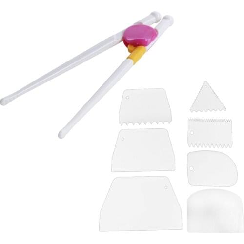 1 Pair Children Kids Beginner Chopsticks Training Pink & 7 Pcs Dough Cake Scraper,Plastic Icing Scraper