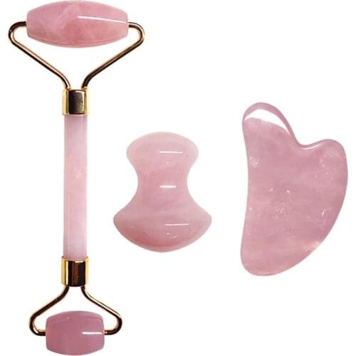 3Pcs/Set Natural Rose Quartz Jade Roller Real Gouache Jade Gua Sha Board Massager Face Lifting Tool Facial Guasha Massage Kit