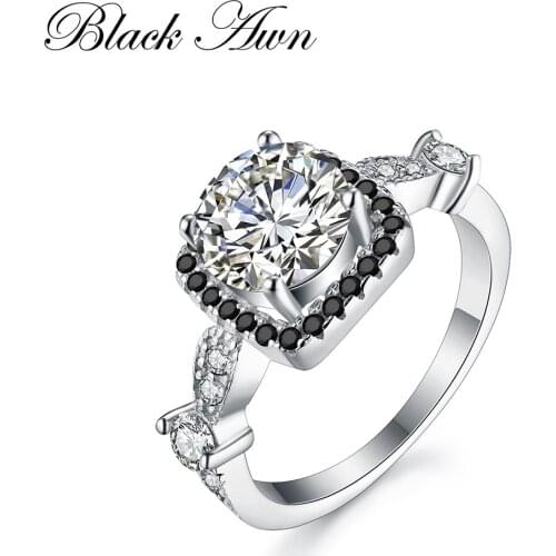 [BLACK AWN] Genuine 925 Sterling Silver Jewelry Wedding Rings for Women Square Black&White Stone Ring C216