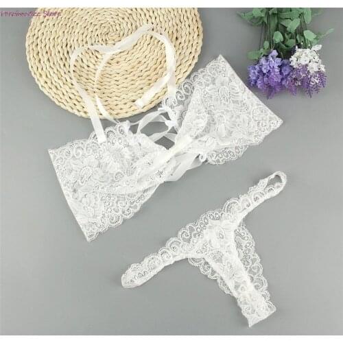 Erotic lingerie Corset sexy black lace bow strap thong bikini lacing sexy underwear set white color women sexy