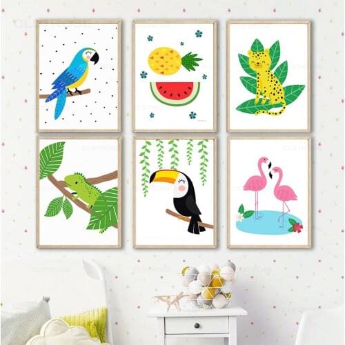 Chameleon Leopard Parrot Flamingo Toucan Cartoon Art Canvas Painting Nordic Posters and Prints Wall Pictures for Kids Room Decor