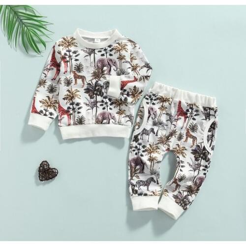 2Pieces Infant Baby Boy Clothes Suit 2021 New Fashion Toddler Forest Animal Printing Long Sleeve Trousers Clothes Set
