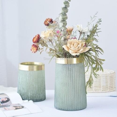 Creative Matte Old Glass Bottle Flower Vase Ornament Copper Ring Nordic Glass Vase Crafts Living Room Table Vases Soft Art Decor