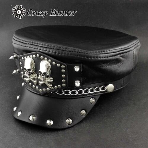 Cool Real Leather Mens Hip Hop Punk Cap Mens Biker Hap
