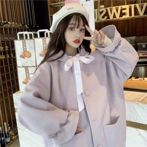 Sweet Woolen coat 2020 autumn and winter new popular Korean loose mid-length hooded ruffled woolen coat women
