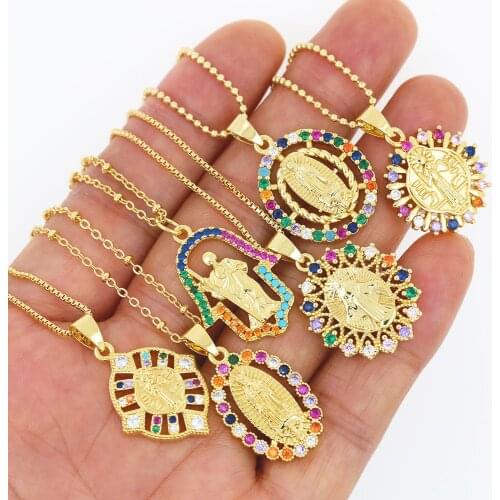 Fashion Rainbow Cubic Zircon Virgin Mary Gold Necklace Church Christian Prayer Jesus Religion Pendant Necklace For Women Jewelry