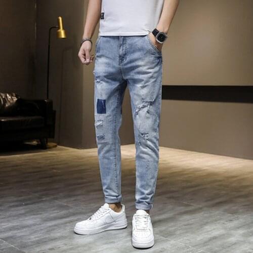 Mens Slim Feet Pants Trendy Brand Mens Pants Spring and Summer Slim Trend Casual Ripped Jeans for Men 2021 New Fashion Jeans