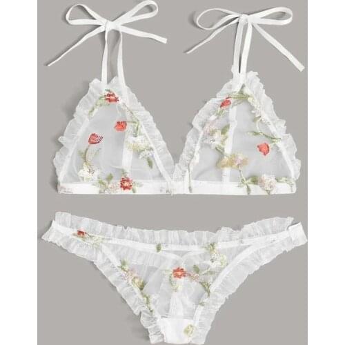 New Floral Embroidery Sheer Mesh Lingerie Set Sexy Bra Push up Bralette+Hollow out Thong Women Sexy Intimates Underwear