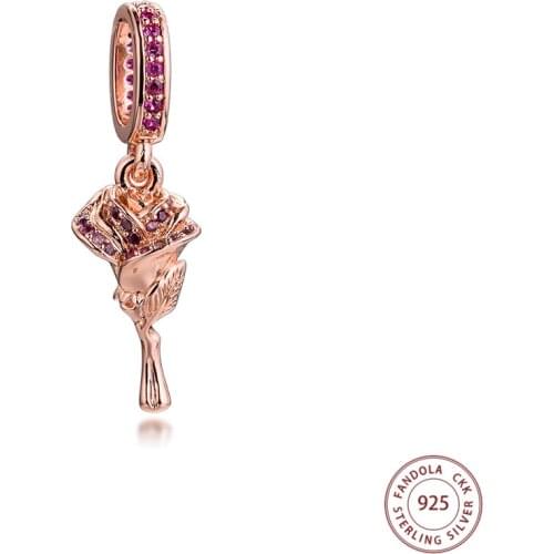 Fit Original Pandora Bracelet Rose Flower Dangle Charms 925 Sterling Silver Metal Beads DIY Jewelry Making 2021 Valentines New