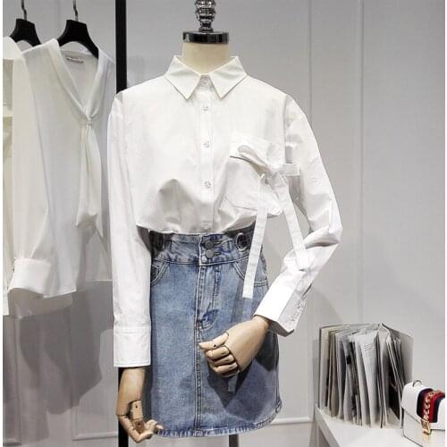 Womens Spring Summer Runway Fashion White Cotton Bow Shirt Female Casual Loose Office Lady Basic Blouse Tees Tops TB1702