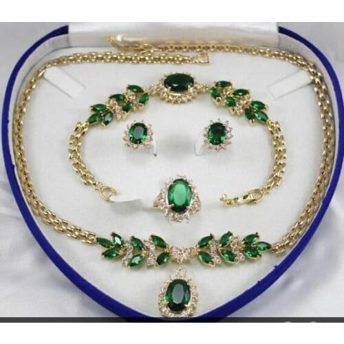 Silver Charming red green blue pink Set Jewelry Green Jade Necklace Bracelet Earring Ring 7-9