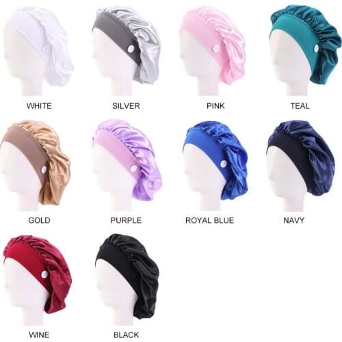 Hair Caps with Button Satin Bonnet Wide Elastic Band Night Sleep Cap Wear Ear Protection Headwear Hat Women Hair Jewelry
