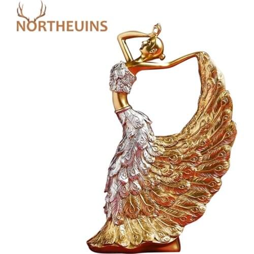 NORTHEUINS Resin Golden Dancing Girl Figurines Retro Peacock Dancer Statue Creative Art Sculpture Home Desktop Decor Accessories