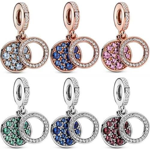 Sparkling Light Blue Red Green Pink Blue Disc Double Pendant Bead 925 Sterling Silver Charm Fit Europe Bracelet Diy Jewelry