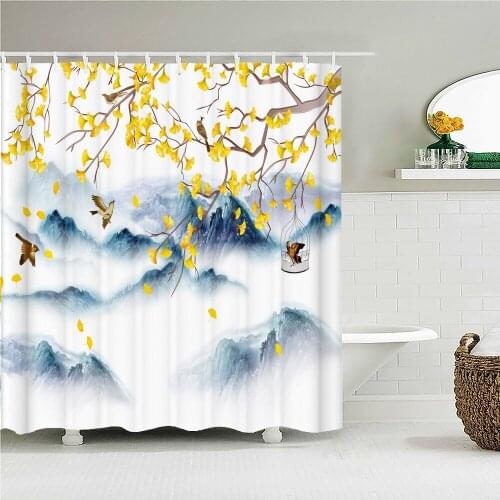 Landscape Fabric Shower Curtain Bathroom Curtains Chinese style Ink Scenery Flowers Birds Waterproof Decor Bath Screen with Hook