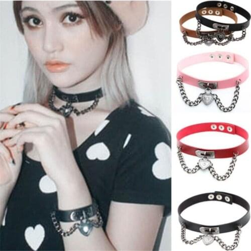 Harajuku Chocker Sexy Heart Lock Key Black Goth Punk Gothic Choker Necklace for Women Hip Hop Bondage Cosplay D680