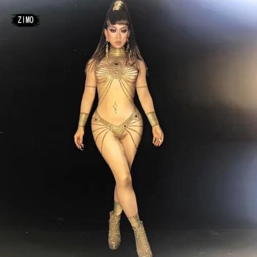 Sexy Cleopatra Gold Rhinestone nude Jumpsuit women long sleeve Nightclub Crystal Rompers Women Party Singer Costumes Dancer Wear