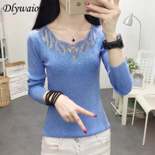 Sexy Lace V-neck Knit Sweater Female pullovers Tops Diamond Elastic Sweater Women 2020 Autumn Winter Fashion Jumper Pull Femme