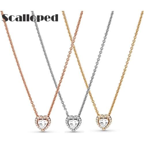SCALLOPED Sparkling Heart Zircon Necklace Pendant Rose Gold Chain Classic Eternal Love Series Crystal Charm Women Jewelry