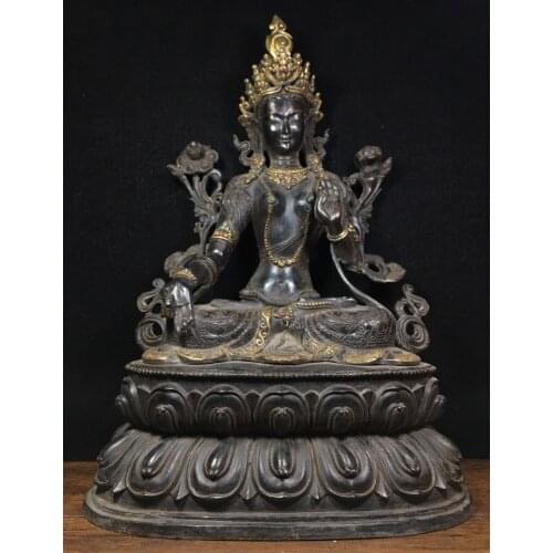 19" Tibet Buddhism Old bronze Gem Seven-eyed Green Tara Buddha Statue Guanyin Bodhisattva statue Double Lotus Terrace Enshrine