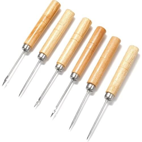 2pcs/lot Wooden Handle Sewing Awl Hand Stitching Leather Bracelet Taper Craft Needle With/No Hooks For DIY Jewelry Making