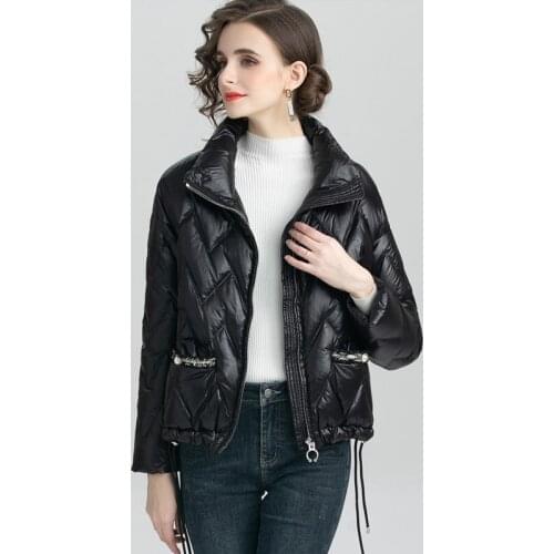 2021 Winter Short Parkas Black Stand Collar Warm White Duck Down Coat Female Casual Zipper Pocket Puffer Jackets Snow Outwear