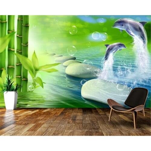 3d wallpaper bamboo dolphin pebbles fresh landscape living room bedroom decoration 3d hd environmental protection silk wallpaper