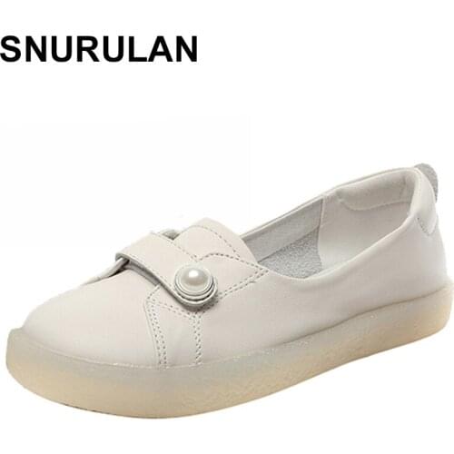 SNURULAN Genuine Leather Nurse Ballet Flats Ladies Hook and Loop Solid Shoes Woman Chain Pearl Casual Femal1e Shallow Shoes
