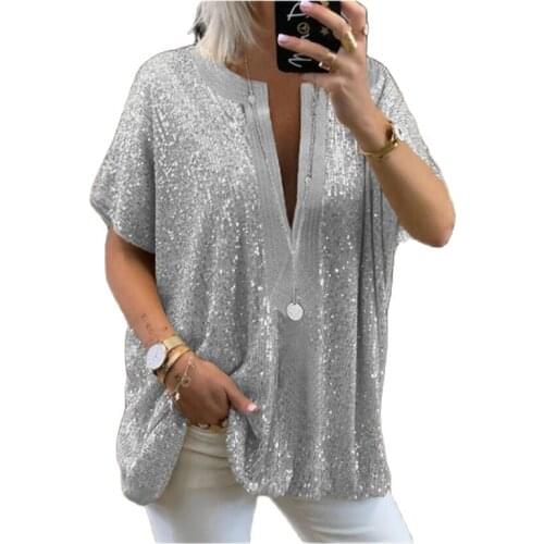 Club Party Bousa Women Tops 2021 Summer Women Blouse Top Fashion Sequins V neck Short Sleeve Casual Shirts Women Loose Pullover