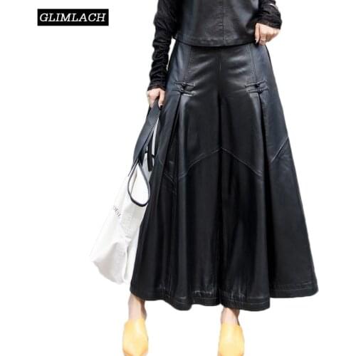 New Pleated Genuine Leather Trousers Lady Loose Wide Leg Pants Women 2019 Designer Luxury Sheepskin Baggy Harajuku A-Line Pants