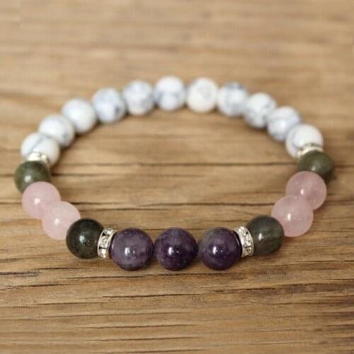Healing Stone Jewelry Howlite Bracelet For Girlfriend Labradorite Amethysts Rose Q-uartz Beaded Bracelet Gift For Women