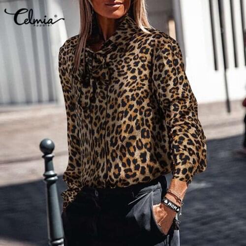 Elegant OL Shirt Celmia Women Fashion Sexy Leopard Print Blouse 2021 Autumn Casual Long Sleeve Button Plus Size Bow Tie Blusas 7