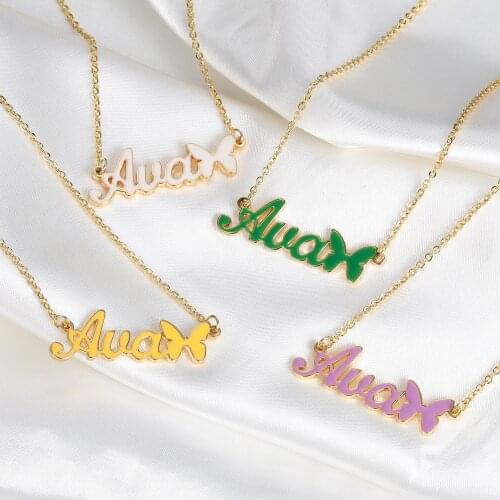 Enamel Necklace Custom Name Necklaces With Butterfly Stainless Steel Pendant Dropoil Letter Chocker Jewelry For Women Gift