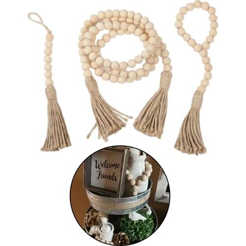 Wood Beads Garland with Jute Tassels, Rustic Natural Wooden Bead String Wall