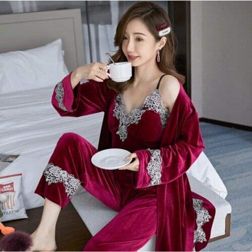 Robes Women Autumn And Winter New Gold Velvet Pajamas Womens Lace Nightgown Nightdress Sexy Sling 4Pcs Home Service Sets Suit