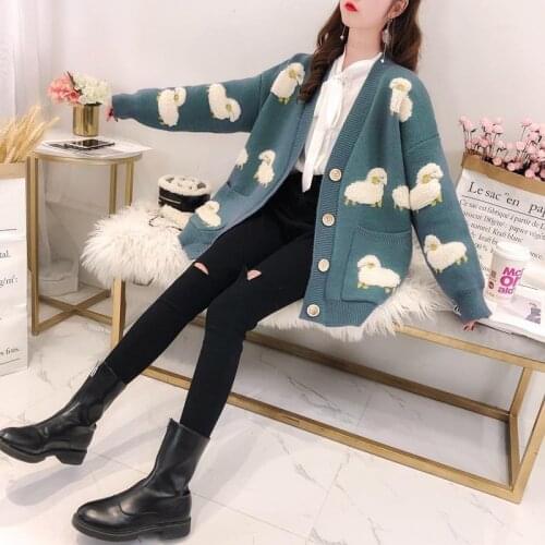 Women Jacket Autumn Winter Knitted Female Cardigan Loose Streetwear Knit Sweater Coat Cute Cartoon Print V Neck knitted cardigan