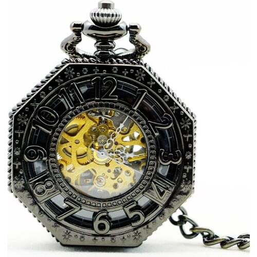 Steampunk Mechanical Pocket Watch Black Hollow Flower Steel Hand Wind Men Women Pendant Fob Chain Birthday Gifts