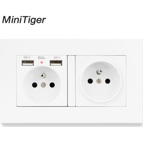 Minitiger 2 Gang French Standard Wall Socket With 2 USB Charge Port Hidden Soft LED Indicator PC Panel Black White
