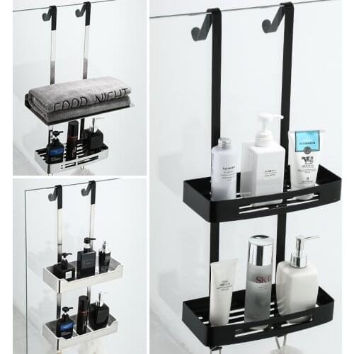 Stainless Steel Multi-function Shower Room Towel Rack Wall Hanging 2 Layer Hanging Basket Free Punching Bathroom Storage Rack