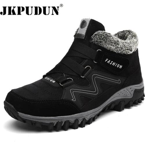 JKPUDUN Leather Men Boots Winter with Fur 2019 Warm Snow Boots Men Winter Work Casual Shoes Sneakers High Top Rubber Ankle Boots