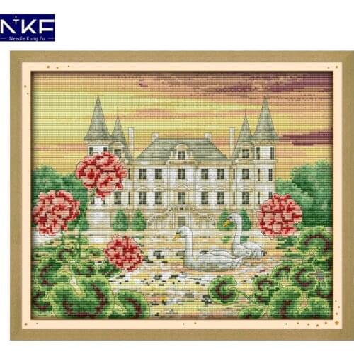 NKF The swan castle scenery style needlepoint Christmas stocking kits counted cross stitch embroidery sets for home decoration