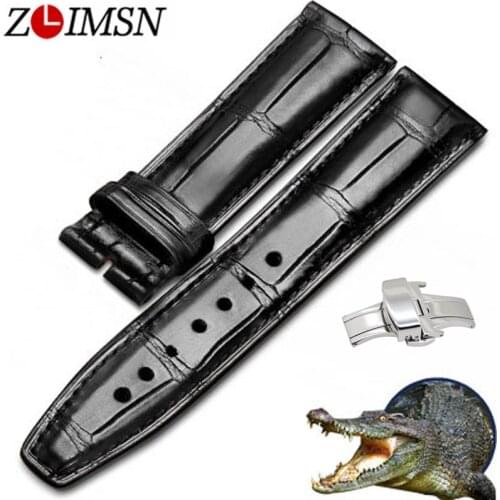 ZLIMSN Watch Men Alligator Leather Watch Bands Strap 20 22mm Replacement Black Brown Genuine Leather Watchbands Butterfly Buckle