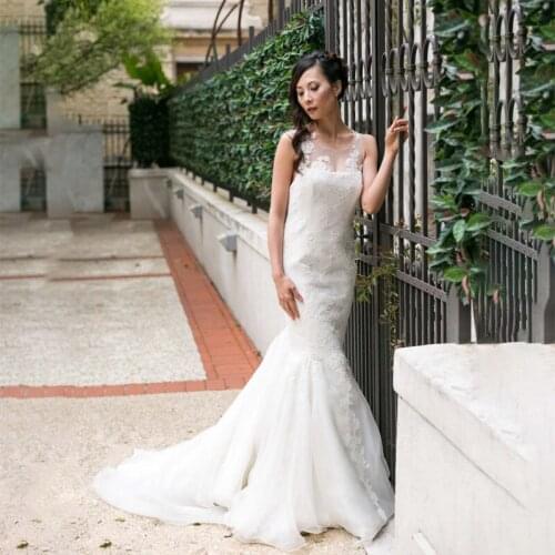 Country Style Cheap Mermaid Wedding Dresses Lace Applique Sheer Neck Sweep Train Bohemian Cheap Wedding Dress Bridal Gowns