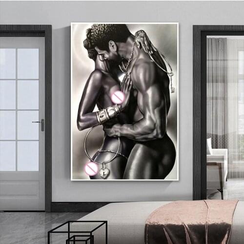 Naked Black Couple Oil Painting Perfect Lovers Canvas Posters and Prints Cuadros Wall Pictures For Living Room Decor Frameless