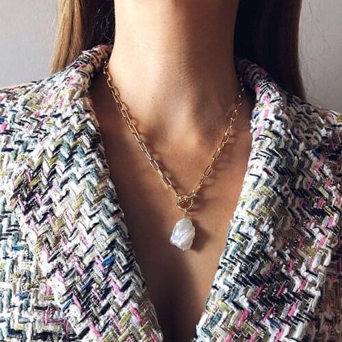 KMVEXO Gothic Baroque Irregular Round Pearl Pendant Choker Necklace for Women Wedding Party Punk Long Chain Necklaces Jewelry
