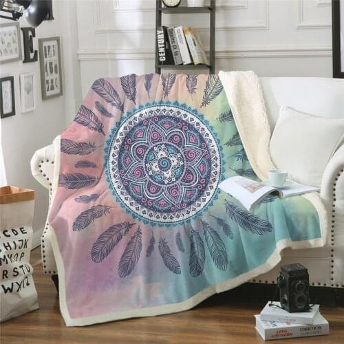 Bedding Outlet Mandala Boho Throw Blanket Dreamcatcher Bohemian Sherpa Fleece Blanket Plush Bedding Pink Blue Blanket for Beds