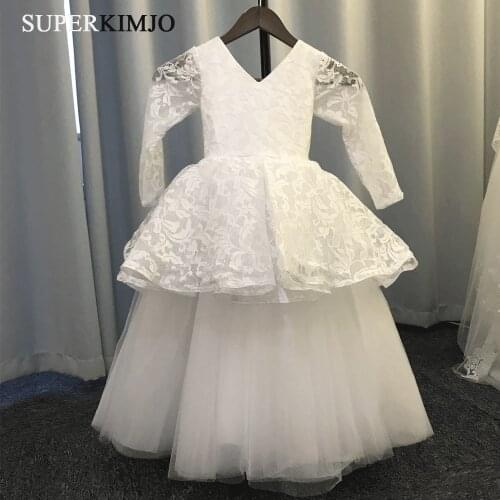 Puffy flower girls dresses v neck long sleeve ball gown little girls wedding party dresses flower girl dresses for weddings